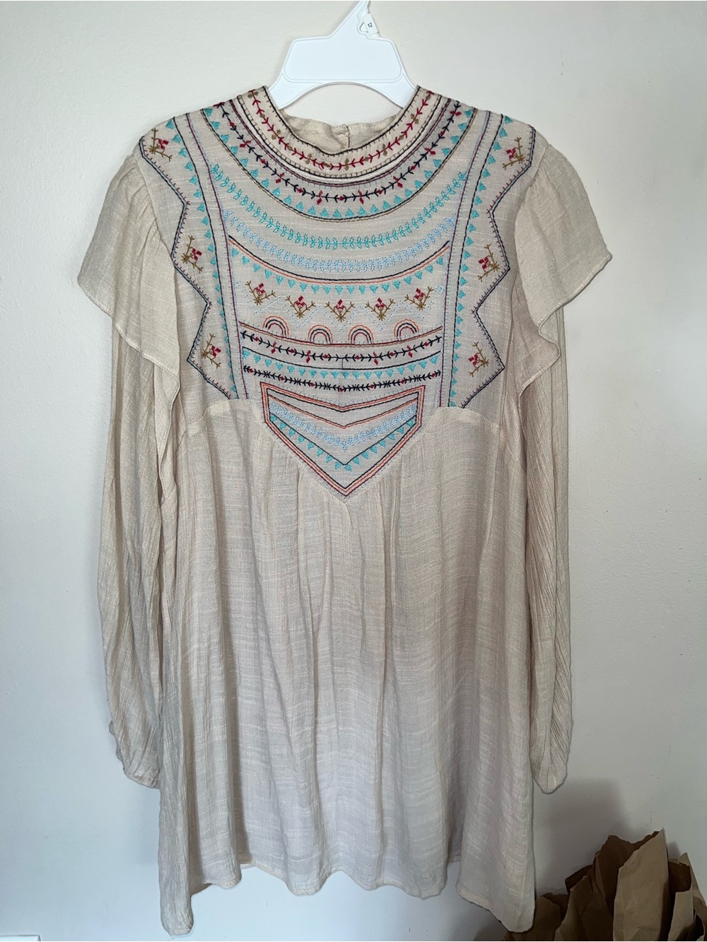 Umgee embroidered Boho Dress - Cream with Turquoise & Coral Accents